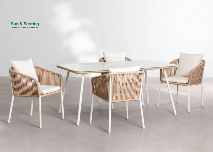 Faustino Outdoor Patio Dining Seating Set 4 Chairs and 1 Table Set Braided &amp; Rope White Coffee Table Sets