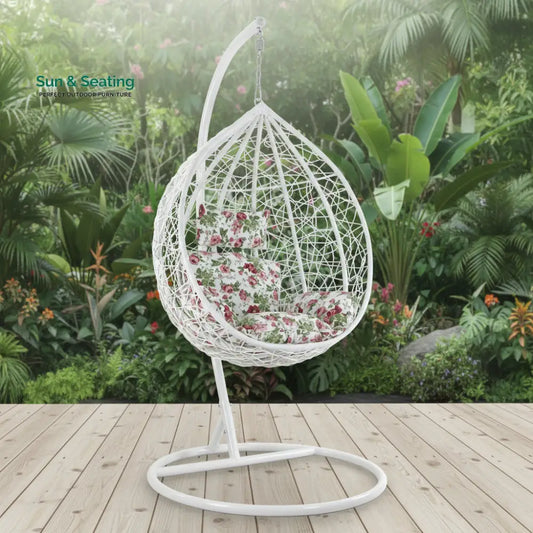 Faustino Single Seater Hanging Swing With Stand For Balcony Garden Swing (White) Floral Swings
