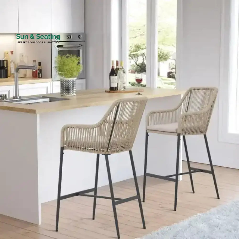 Feliciano Outdoor Patio Seating Set 2 Chairs Set Braided And Rope Beige Bar Sets
