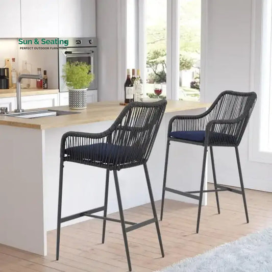 Feliciano Outdoor Patio Seating Set 2 Chairs Set Braided And Rope Black Bar Sets