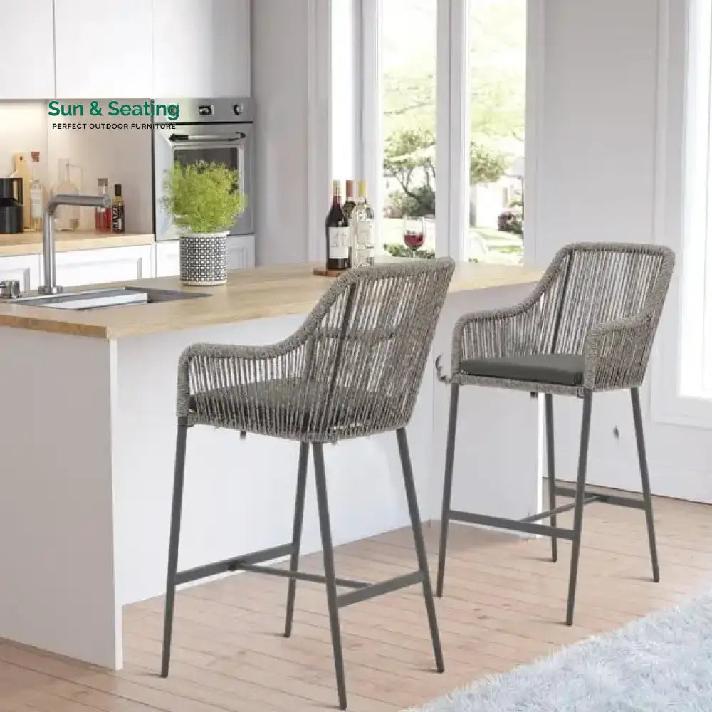 Feliciano Outdoor Patio Seating Set 2 Chairs Set Braided And Rope Grey Bar Sets