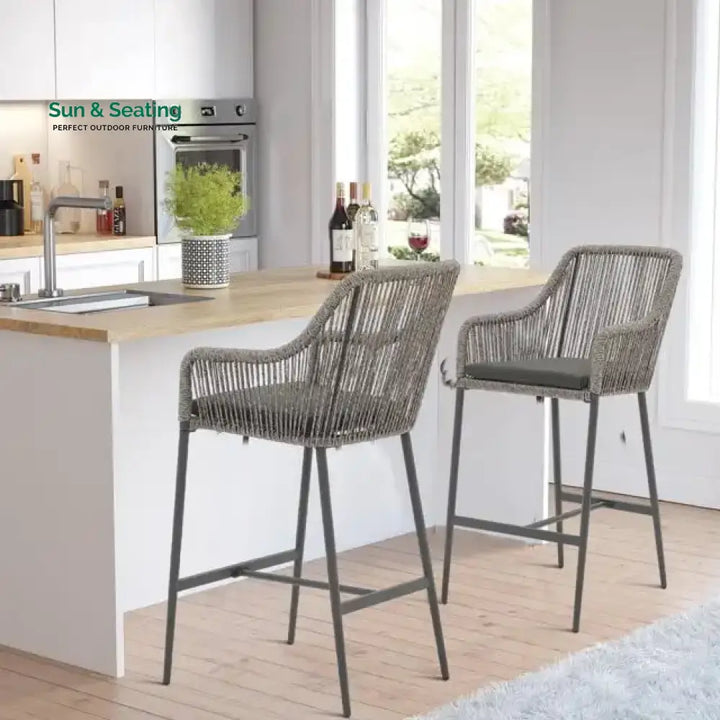 Feliciano Outdoor Patio Seating Set 2 Chairs Set Braided And Rope Grey Bar Sets