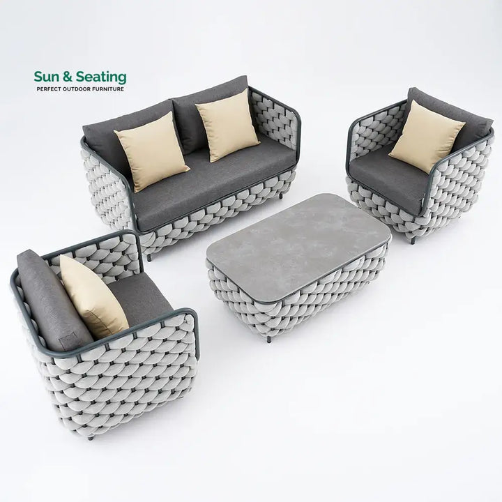Fepel Outdoor Garden Balcony Sofa Set 2 Seater 2 Single seater and 1 Center Table Set Braid &amp; Rope (Grey) Sofa Sets