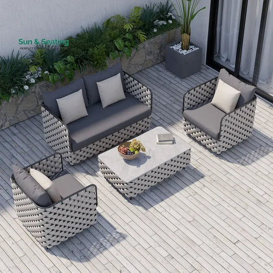 Fepel Outdoor Garden Balcony Sofa Set 2 Seater 2 Single seater and 1 Center Table Set Braid & Rope (Grey) Sofa Sets