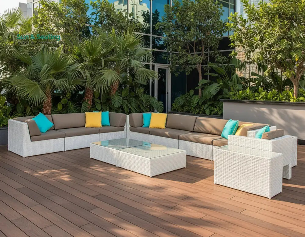 Ferri Outdoor Patio Sofa Set 6 Chairs 1 Footstool 1 Side table and 1 Center Table (Off White) Sofa Sets