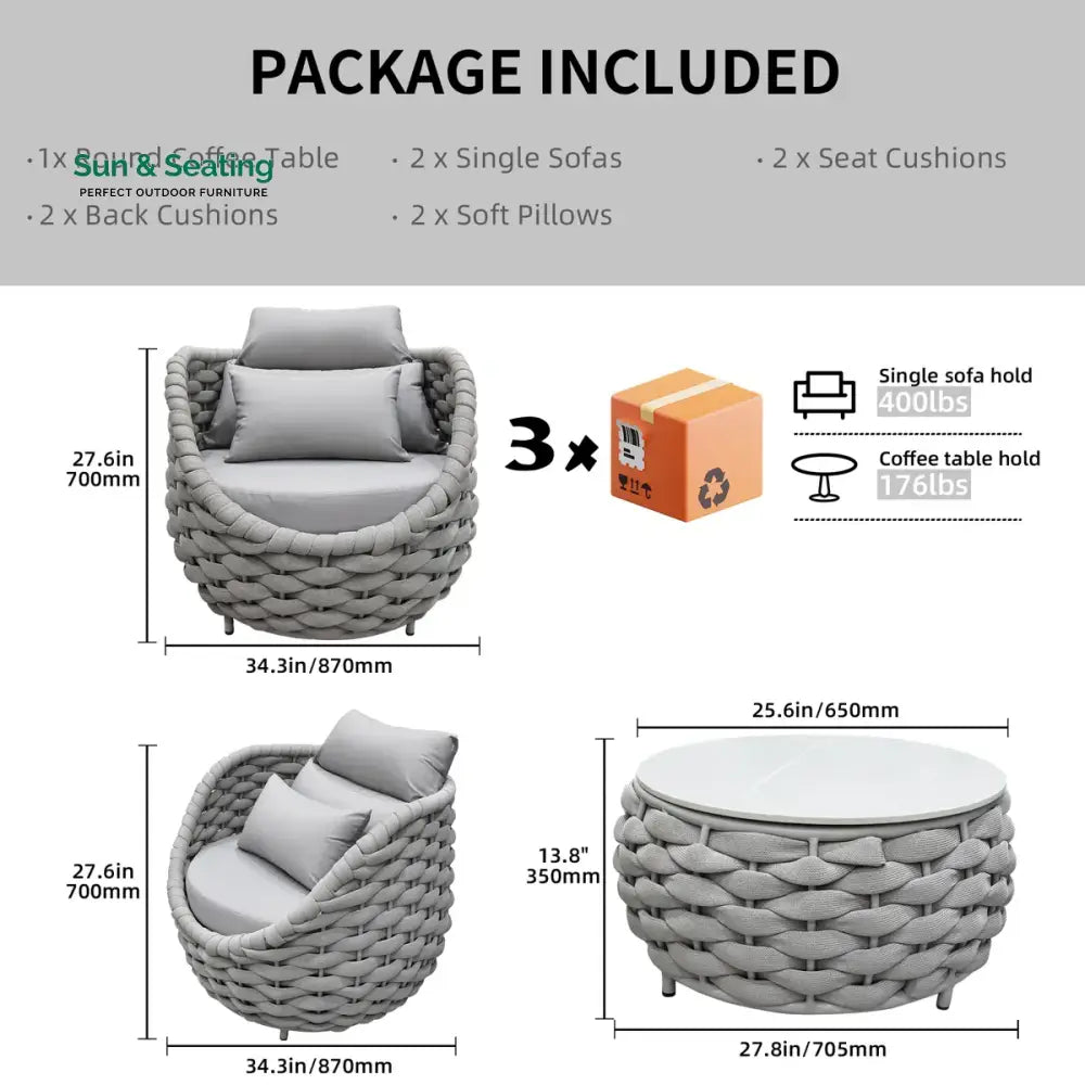 Fiae Outdoor Patio Seating Set 2 Chairs and 1 Table Set (Light Grey) Braided &amp; Rope Coffee Table Sets