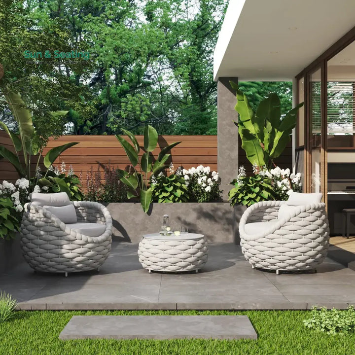 Fiae Outdoor Patio Seating Set 2 Chairs and 1 Table Set (Light Grey) Braided &amp; Rope Coffee Table Sets