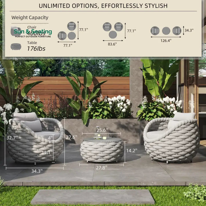 Fiae Outdoor Patio Seating Set 2 Chairs and 1 Table Set (Light Grey) Braided &amp; Rope Coffee Table Sets