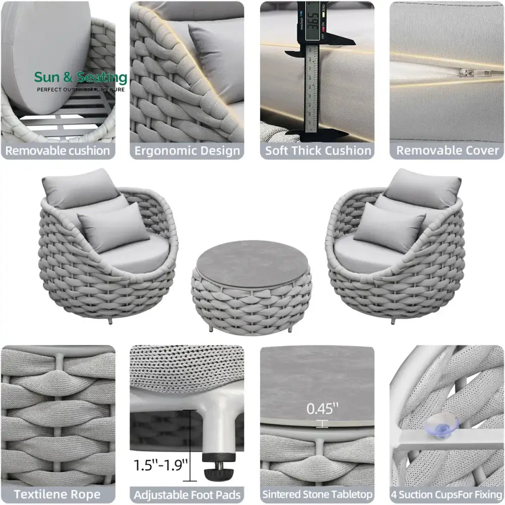 Fiae Outdoor Patio Seating Set 2 Chairs and 1 Table Set (Light Grey) Braided &amp; Rope Coffee Table Sets
