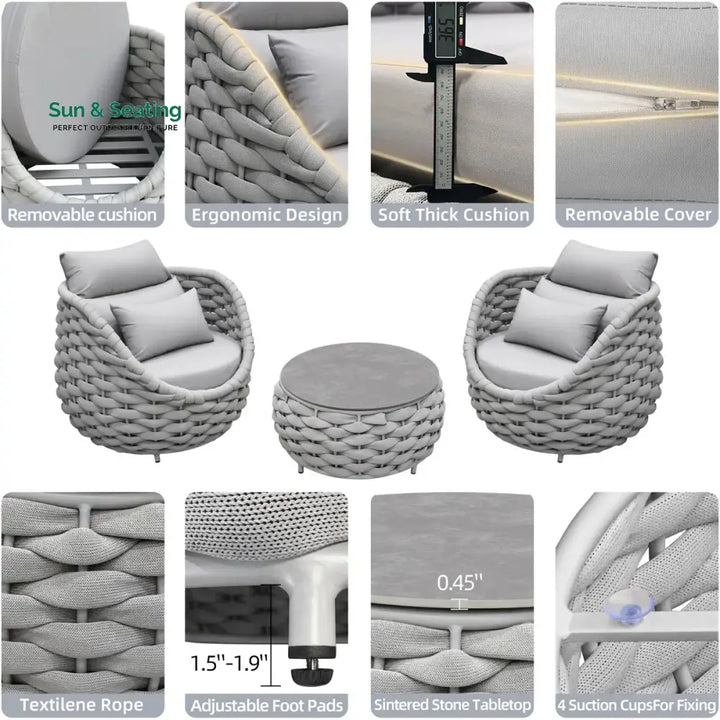 Fiae Outdoor Patio Seating Set 2 Chairs and 1 Table Set (Light Grey) Braided &amp; Rope Coffee Table Sets