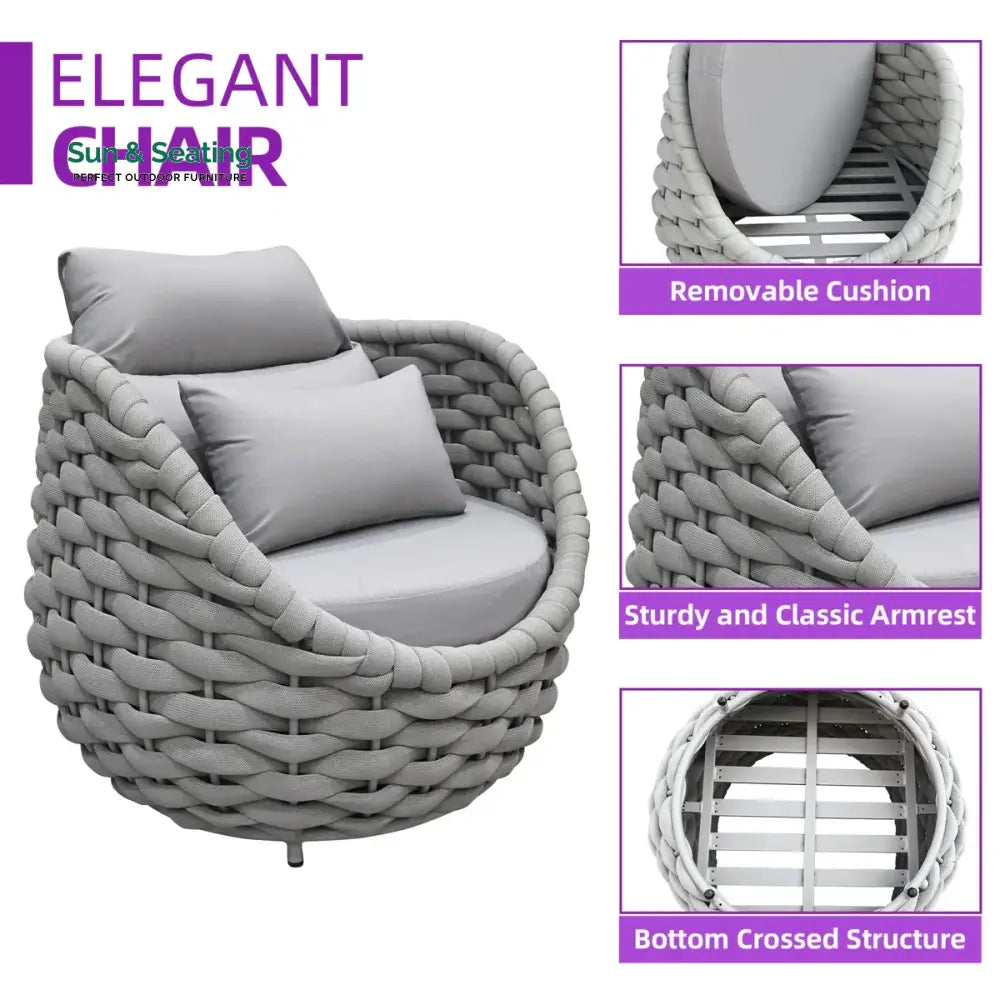 Fiae Outdoor Patio Seating Set 2 Chairs and 1 Table Set (Light Grey) Braided &amp; Rope Coffee Table Sets