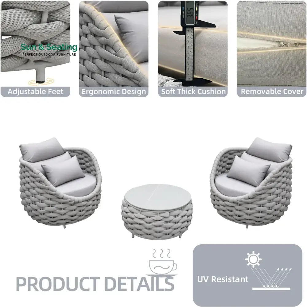 Fiae Outdoor Patio Seating Set 2 Chairs and 1 Table Set (Light Grey) Braided &amp; Rope Coffee Table Sets