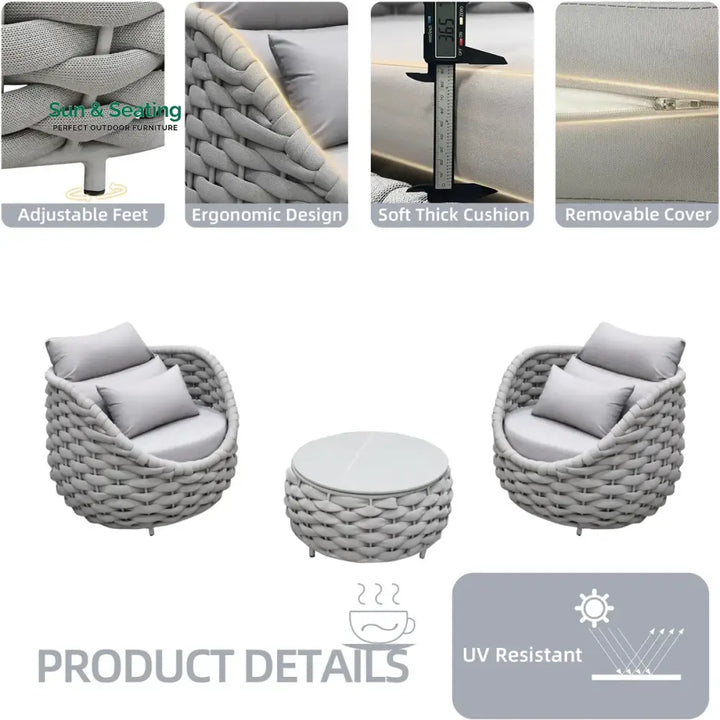 Fiae Outdoor Patio Seating Set 2 Chairs and 1 Table Set (Light Grey) Braided &amp; Rope Coffee Table Sets