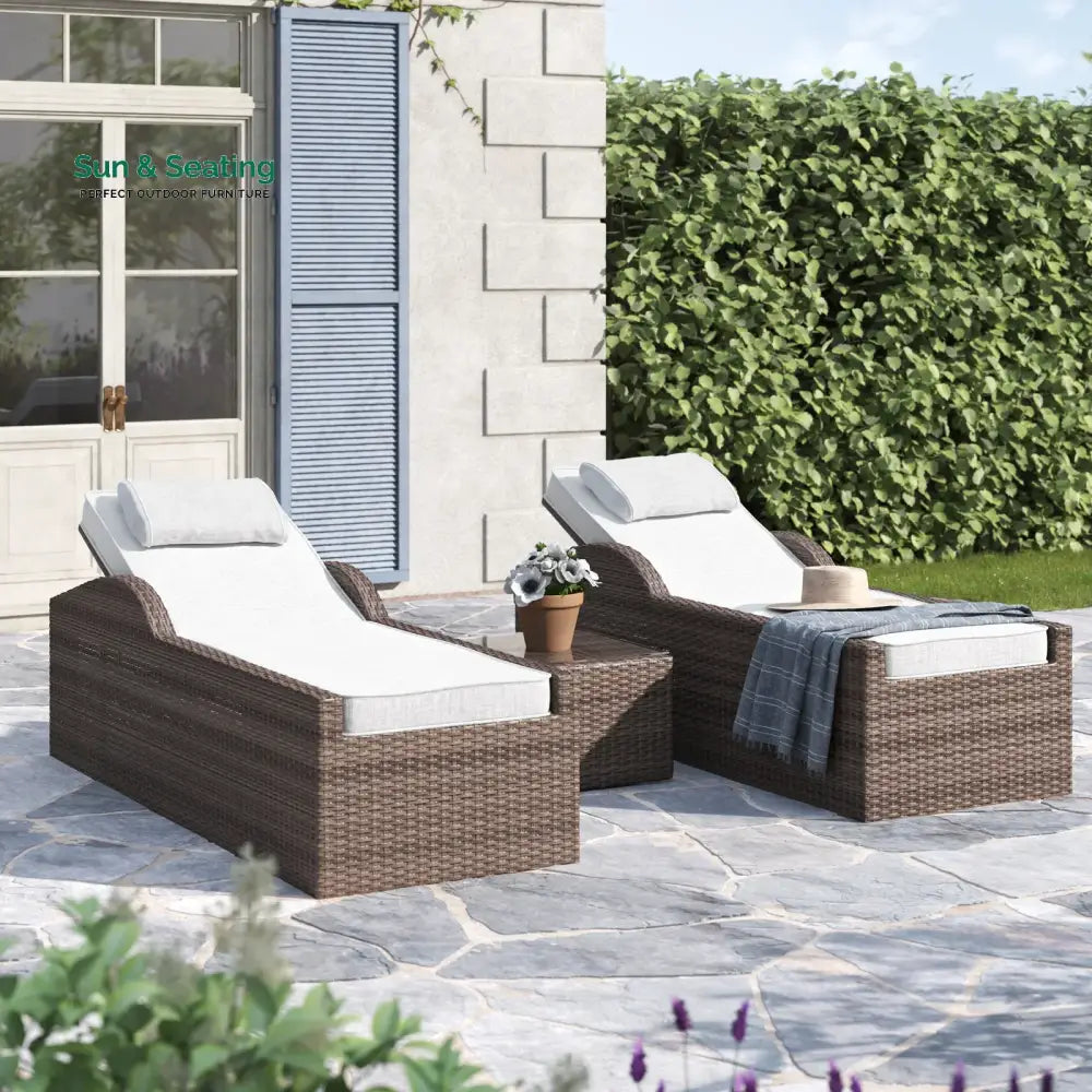 Fidelia Outdoor Swimming Poolside Lounger (Set of 2) With 1 Side Table (Black +White) Brown Loungers