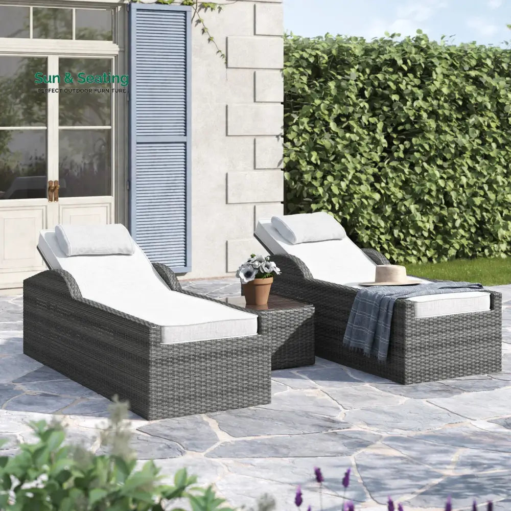 Fidelia Outdoor Swimming Poolside Lounger (Set of 2) With 1 Side Table (Black +White) Grey Loungers