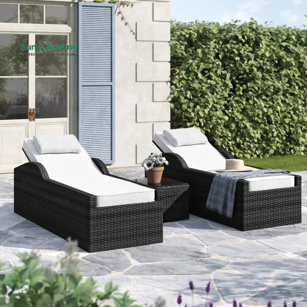 Fidelia Outdoor Swimming Poolside Lounger (Set of 2) With 1 Side Table (Black +White) Black Loungers