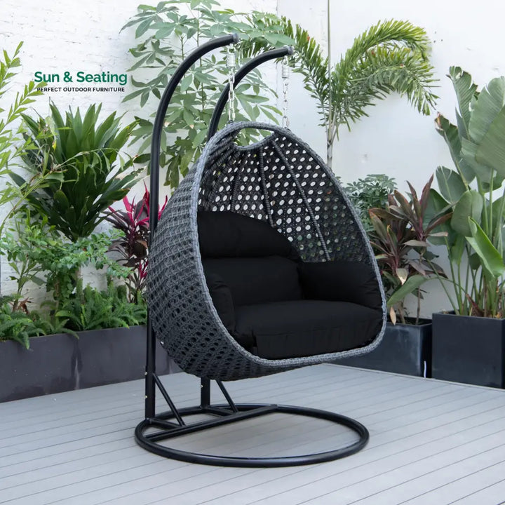 Fino Double Seater Hanging Swing With Stand For Balcony Garden Swing (Dark Grey) Black Swings