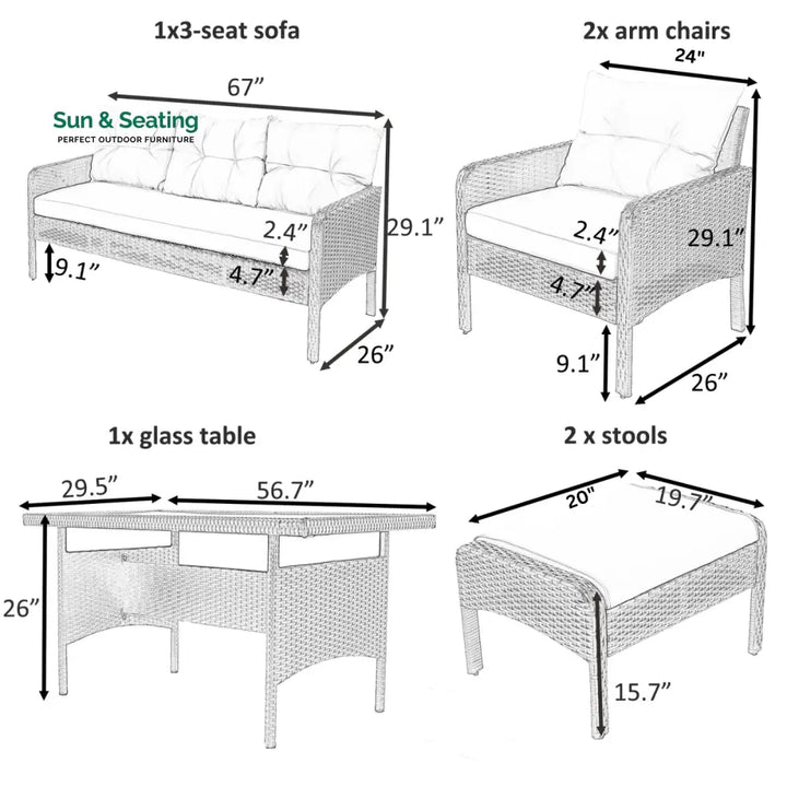 Flecto Outdoor Garden Balcony Sofa Set 3 Seater 2 Single seater and 1 Center Table and 2 Ottoman Set (Brown + Aqua