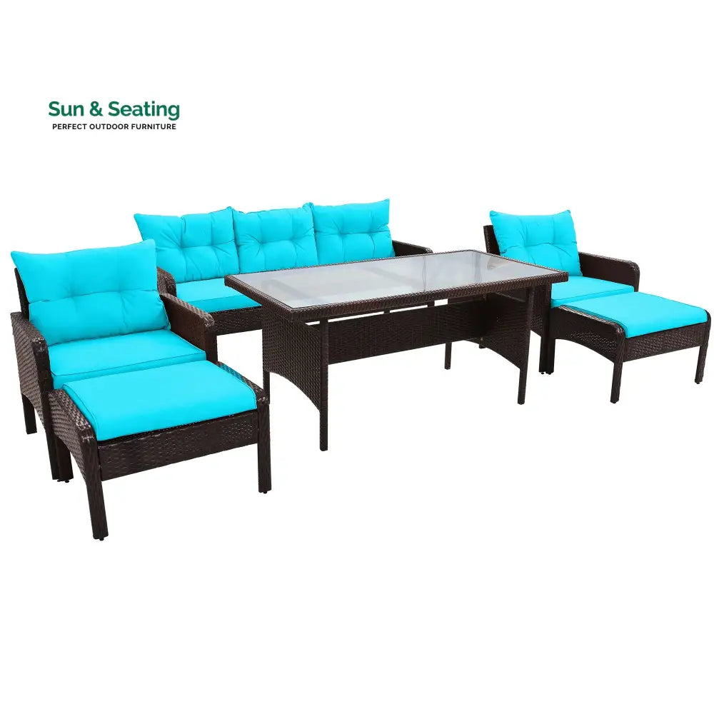 Flecto Outdoor Garden Balcony Sofa Set 3 Seater 2 Single seater and 1 Center Table and 2 Ottoman Set (Brown + Aqua