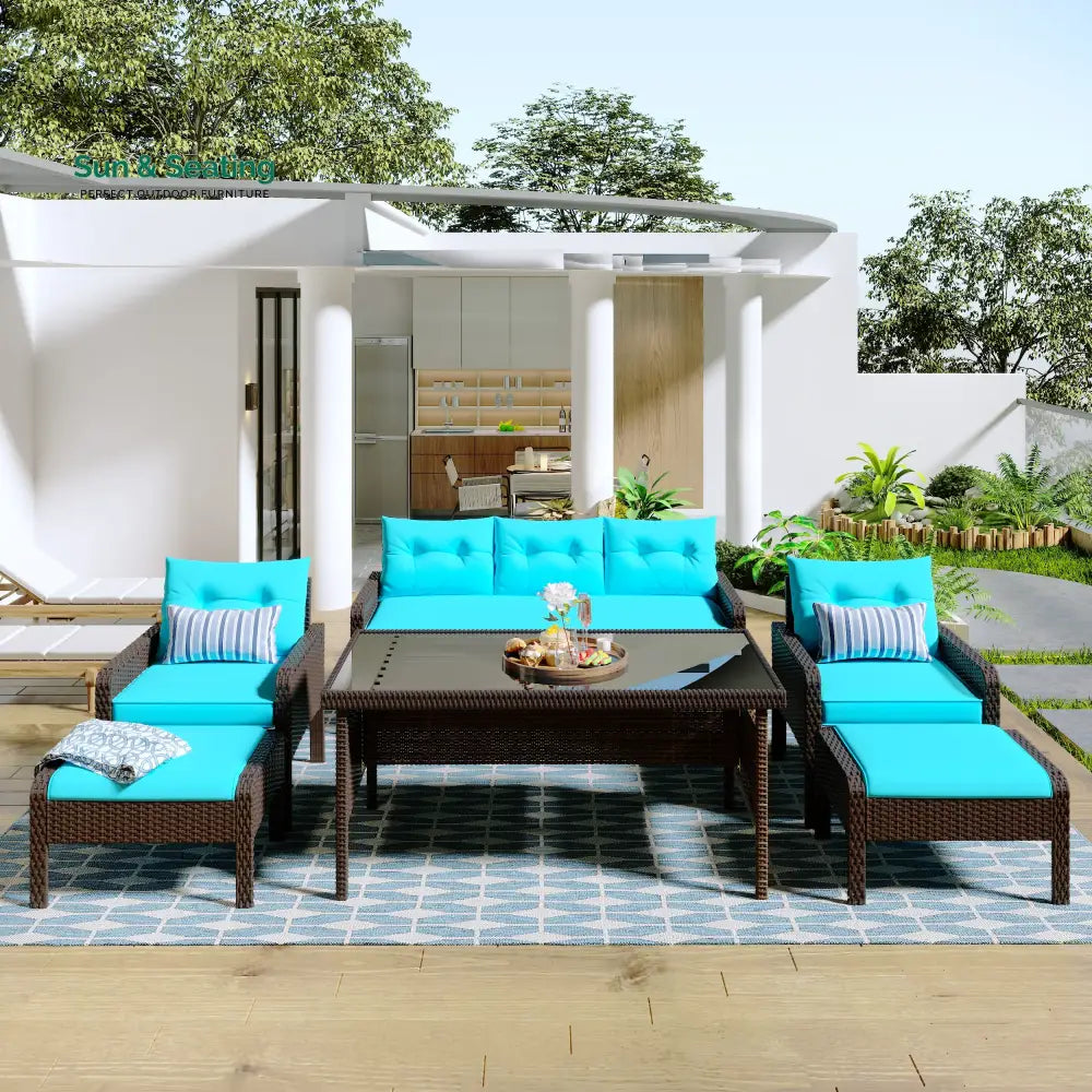 Flecto Outdoor Garden Balcony Sofa Set 3 Seater 2 Single seater and 1 Center Table and 2 Ottoman Set (Brown + Aqua