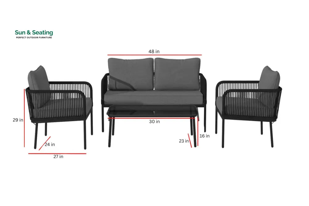 Fletcher Outdoor Garden Balcony Sofa Set 2 Seater 2 Single seater and 1 Center Table Set Braid & Rope (Dark Grey) Sofa