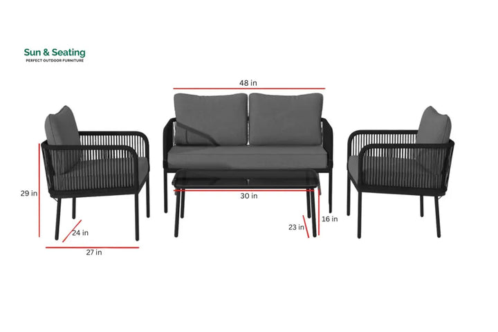 Fletcher Outdoor Garden Balcony Sofa Set 2 Seater 2 Single seater and 1 Center Table Set Braid &amp; Rope (Dark Grey) Sofa