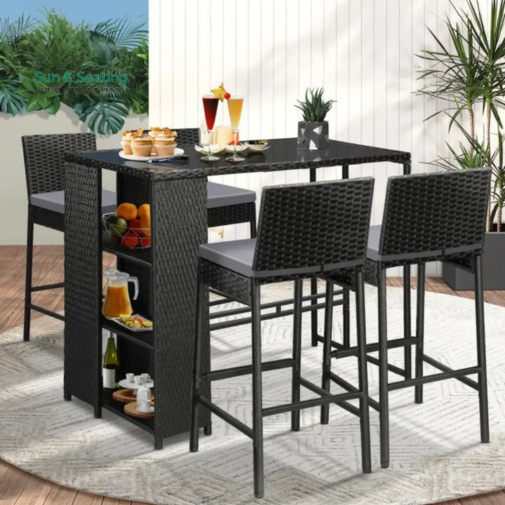 Flor 5-Piece Outdoor Rattan Wicker Bar Set with Glass Top Table Bar Set