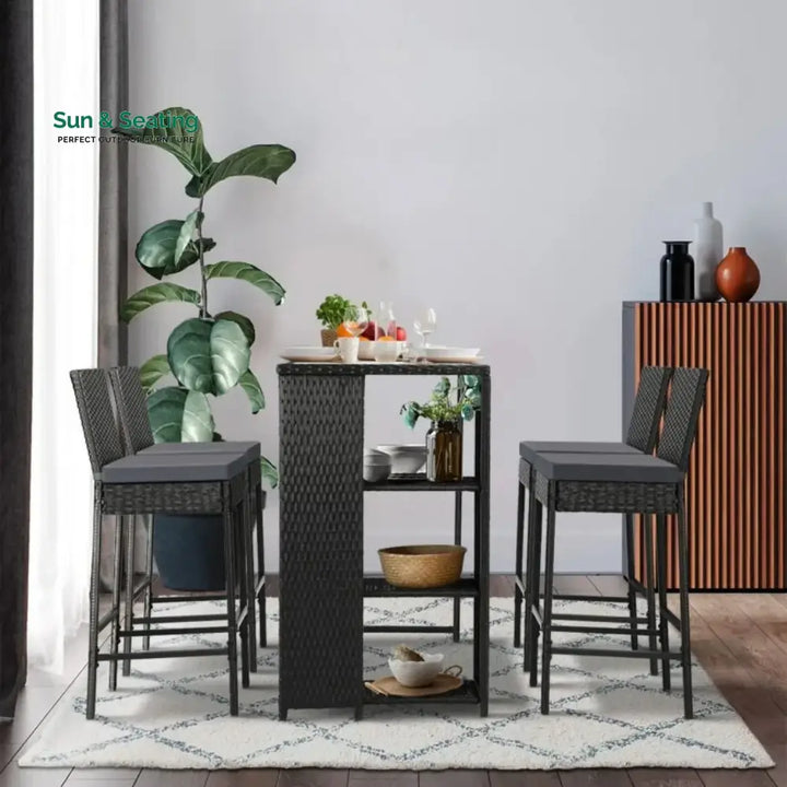 Flor 5-Piece Outdoor Rattan Wicker Bar Set with Glass Top Table Bar Set