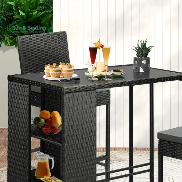 Flor 5-Piece Outdoor Rattan Wicker Bar Set with Glass Top Table Bar Set