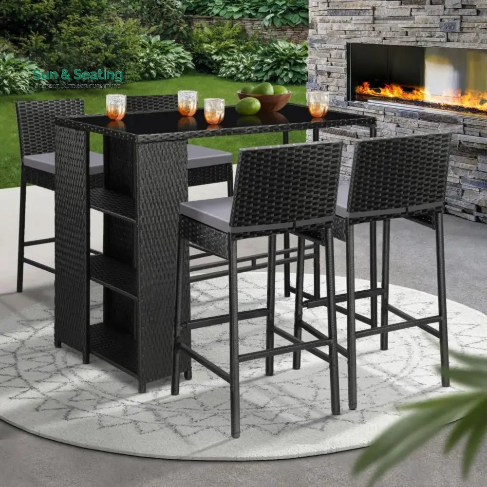 Flor 5-Piece Outdoor Rattan Wicker Bar Set with Glass Top Table Bar Set
