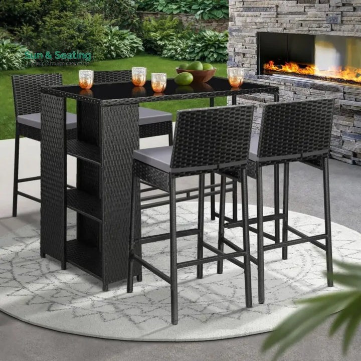 Flor 5-Piece Outdoor Rattan Wicker Bar Set with Glass Top Table Bar Set