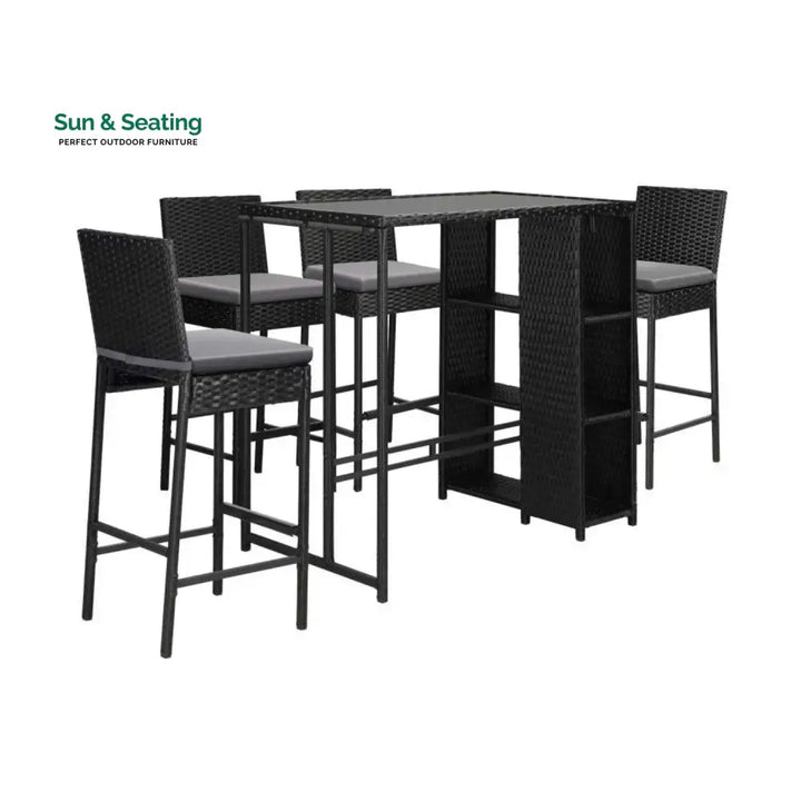 Flor 5-Piece Outdoor Rattan Wicker Bar Set with Glass Top Table Bar Set