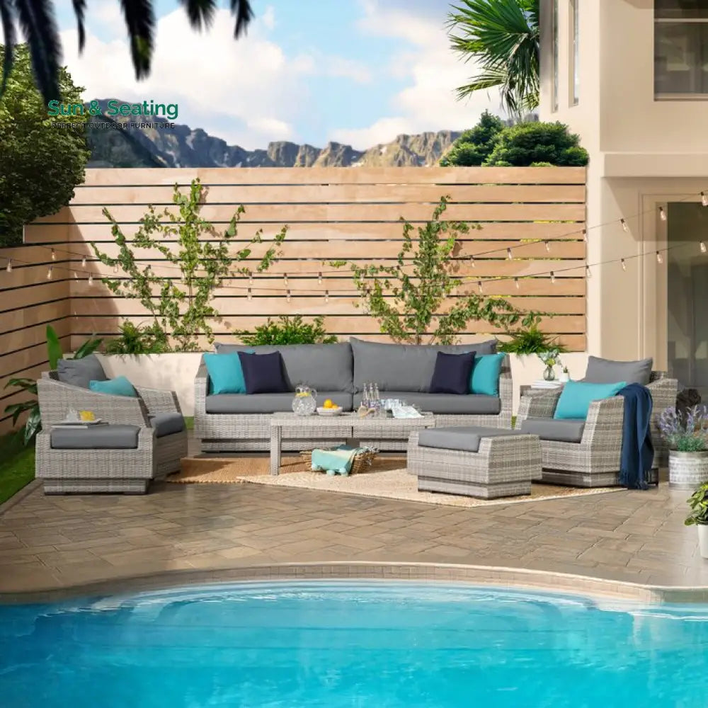 Floriana Outdoor Patio Sofa Set 3 Seater 2 Single Seater 2 Footstool 1 Side table and 1 Center Table (Silver) Sofa Sets