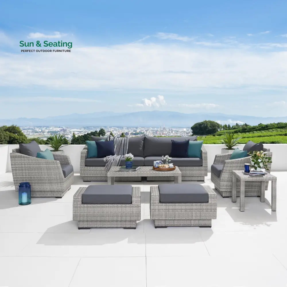 Floriana Outdoor Patio Sofa Set 3 Seater 2 Single Seater 2 Footstool 1 Side table and 1 Center Table (Silver) Sofa Sets