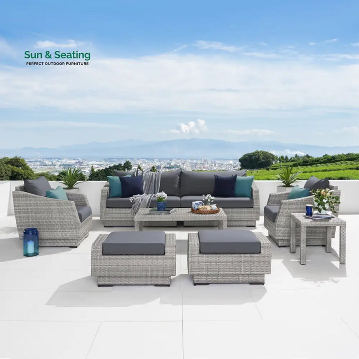 Floriana Outdoor Patio Sofa Set 3 Seater 2 Single Seater 2 Footstool 1 Side table and 1 Center Table (Silver) Sofa Sets