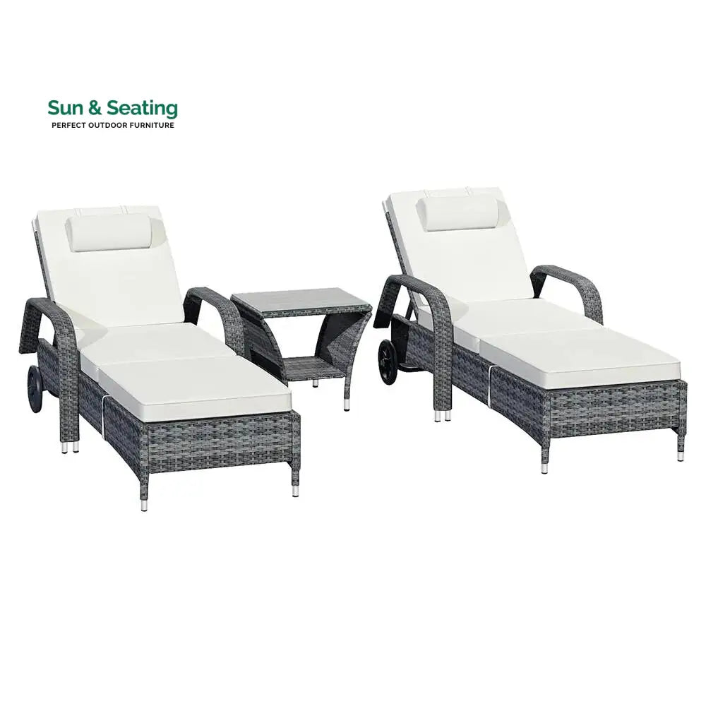 Foster Outdoor Swimming Poolside Lounger (Set of 2) with 1 Side Table (Black + Grey) Loungers
