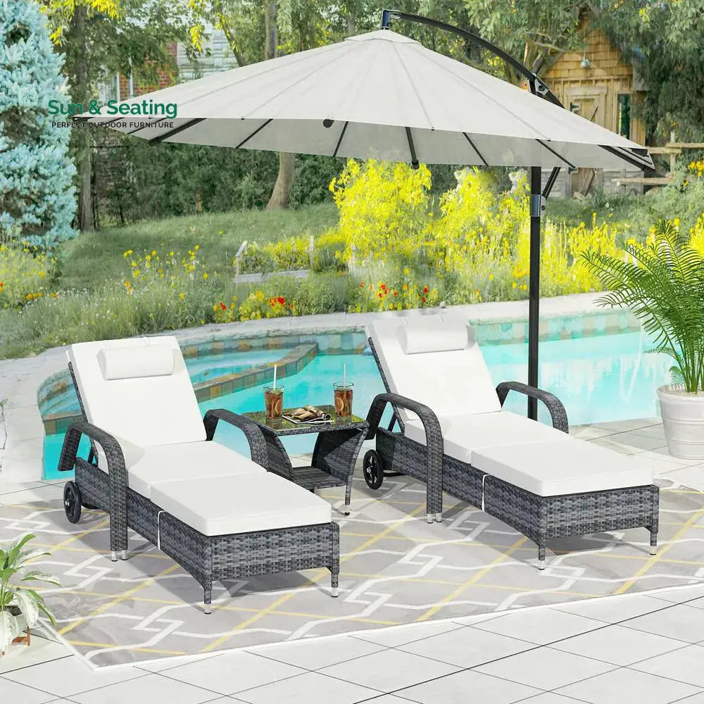 Foster Outdoor Swimming Poolside Lounger (Set of 2) with 1 Side Table (Black + Grey) Loungers