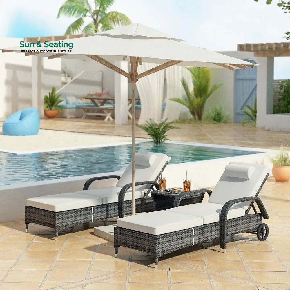 Foster Outdoor Swimming Poolside Lounger (Set of 2) with 1 Side Table (Black + Grey) Loungers