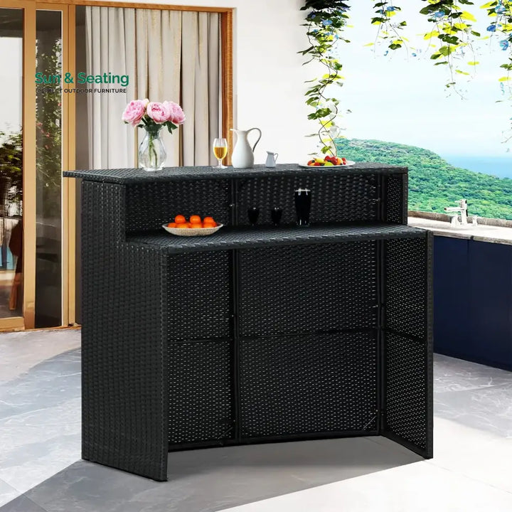Francisca Outdoor Rattan Wicker Bar Table With a High-Top Design &amp; Integrated Storage Shelf Bar Table