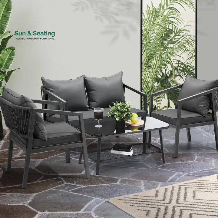 Freig Outdoor Sofa Set 2 Seater 2 Single seater and 1 Center Table (Dark Grey) Braided &amp; Rope Sofa Sets