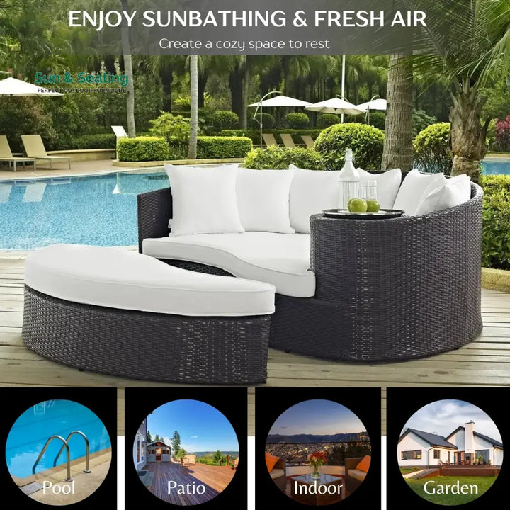 Freja Outdoor Rattan Wicker Daybed (Dark Brown &amp; White) Daybed