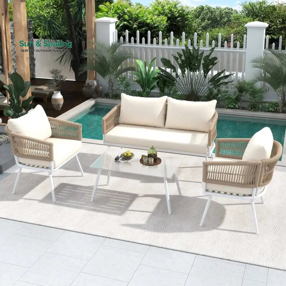 Frias Outdoor Sofa Set 2 Seater 2 Single seater and 1 Center Table Braided &amp; Rope Beige Sofa Sets