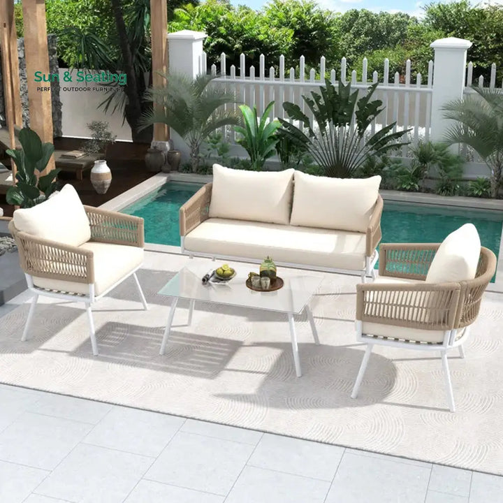 Frias Outdoor Sofa Set 2 Seater 2 Single seater and 1 Center Table Braided &amp; Rope Beige Sofa Sets