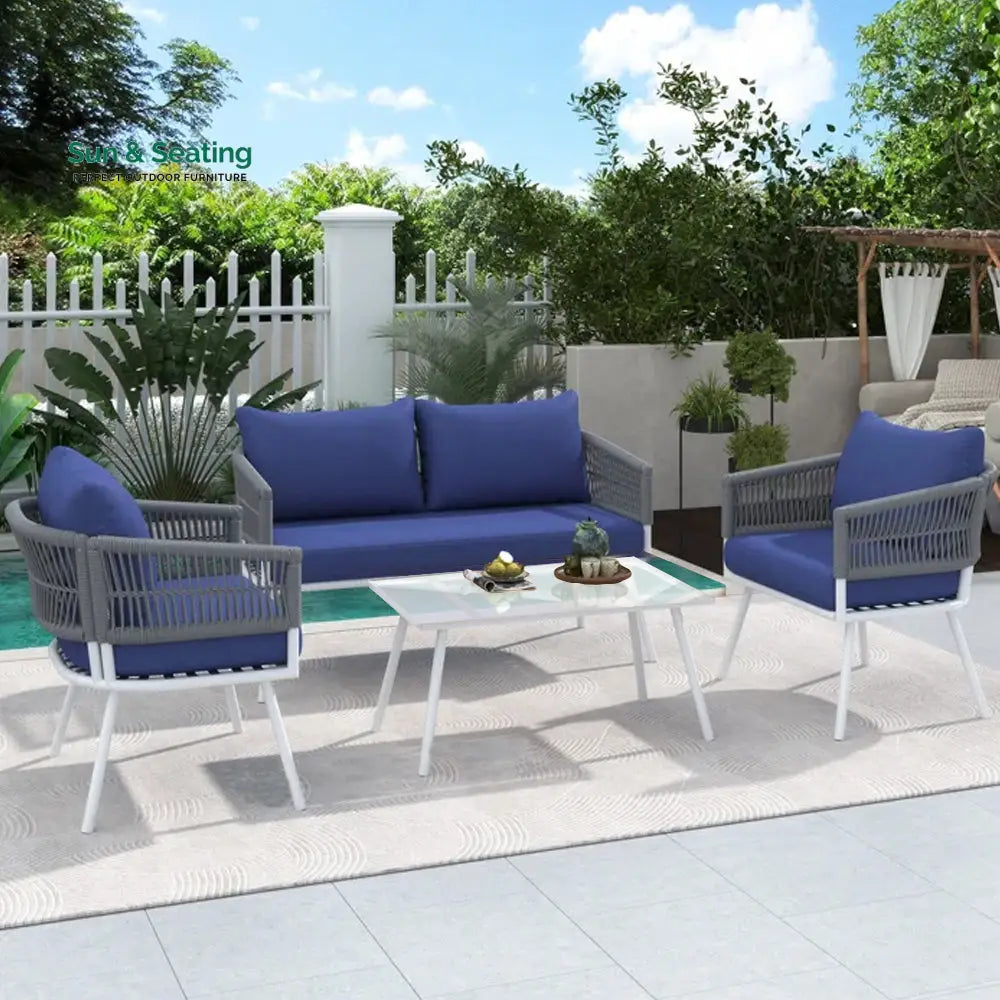 Frias Outdoor Sofa Set 2 Seater 2 Single seater and 1 Center Table Braided &amp; Rope Blue Sofa Sets