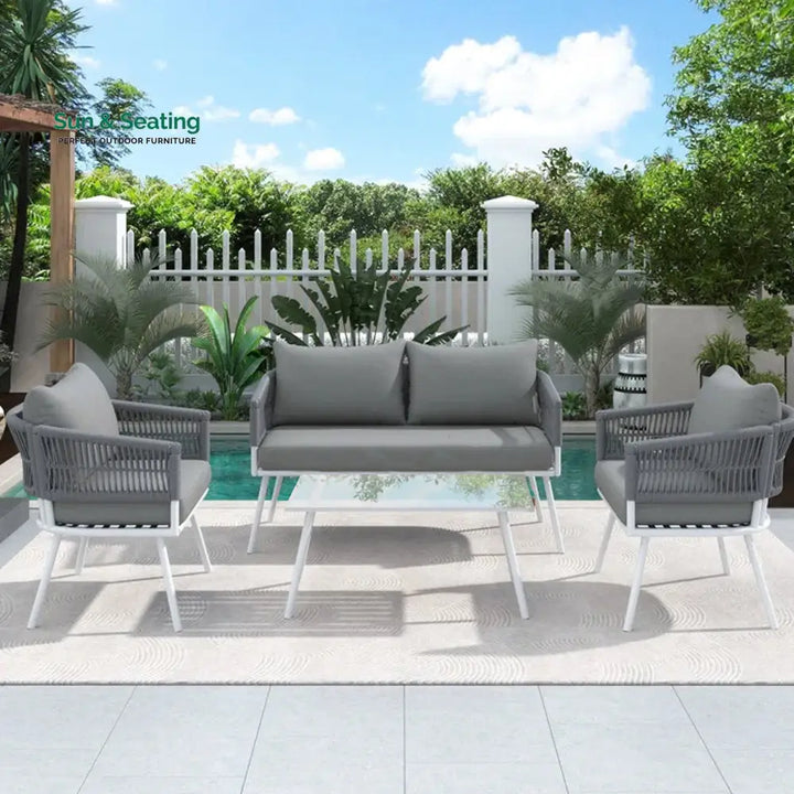 Frias Outdoor Sofa Set 2 Seater 2 Single seater and 1 Center Table Braided &amp; Rope Grey Sofa Sets