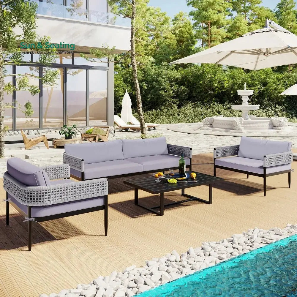 Furni Outdoor Sofa Set 3 Seater 2 Single seater and 1 Center Table Set (Grey) Braided &amp; Rope Sofa Sets