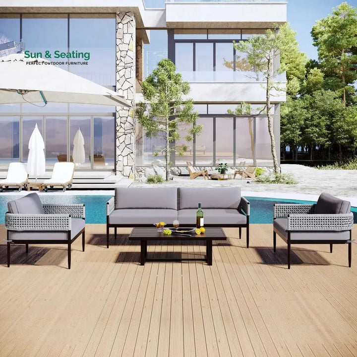 Furni Outdoor Sofa Set 3 Seater 2 Single seater and 1 Center Table Set (Grey) Braided &amp; Rope Sofa Sets
