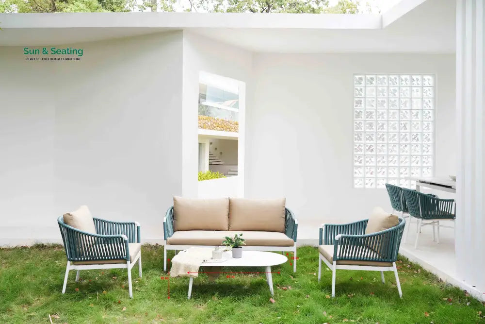 Furnixa Outdoor Garden Balcony Sofa Set 2 Seater 2 Single seater and 1 Center Table Set Braid & Rope (White + Blue)