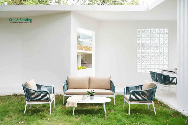 Furnixa Outdoor Garden Balcony Sofa Set 2 Seater 2 Single seater and 1 Center Table Set Braid &amp; Rope (White + Blue)