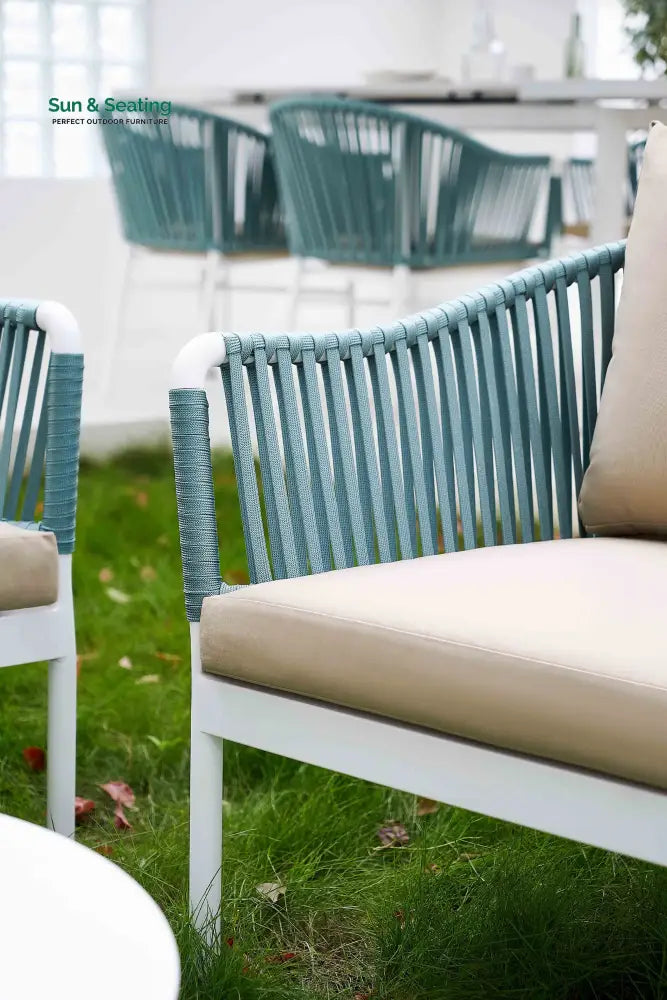 Furnixa Outdoor Garden Balcony Sofa Set 2 Seater 2 Single seater and 1 Center Table Set Braid & Rope (White + Blue)